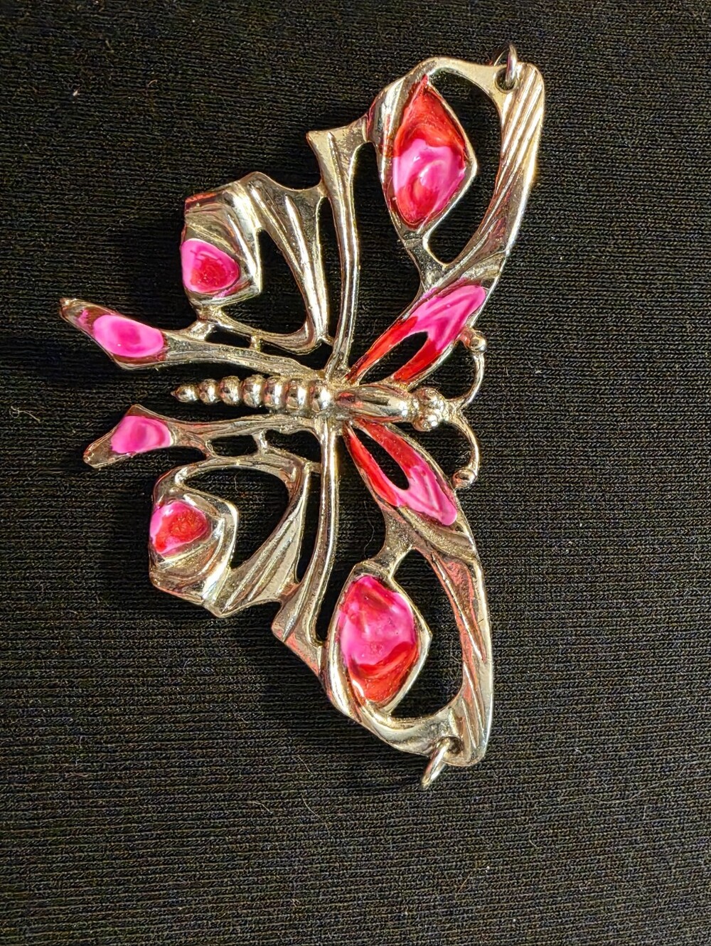 Silver Butterfly Pendant with Pink Enamel Accents